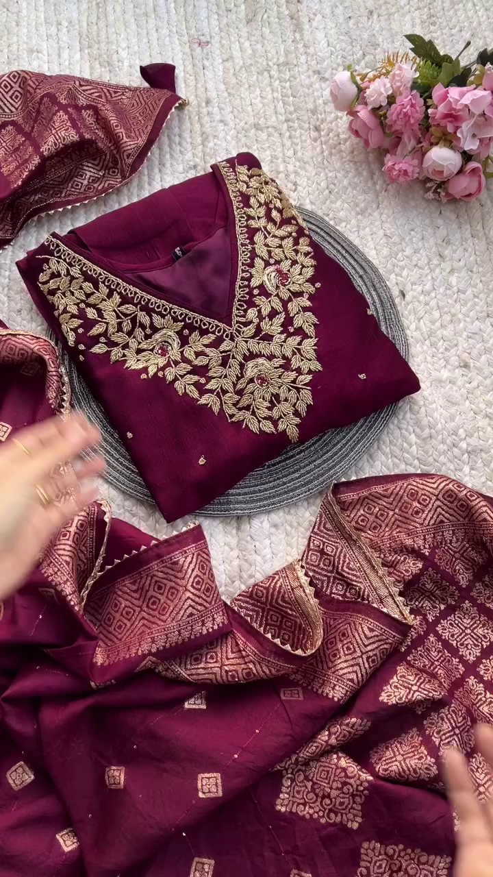 Maroon Silk Embroidered Salwar Suit Set with Intricate Zari Work, Designer Neckline and Banarasi Dupatta for Festive and Wedding Occasions
