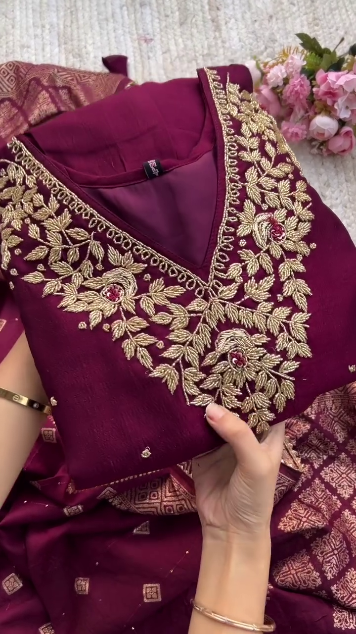 Maroon Silk Embroidered Salwar Suit Set with Intricate Zari Work, Designer Neckline and Banarasi Dupatta for Festive and Wedding Occasions - Image 2