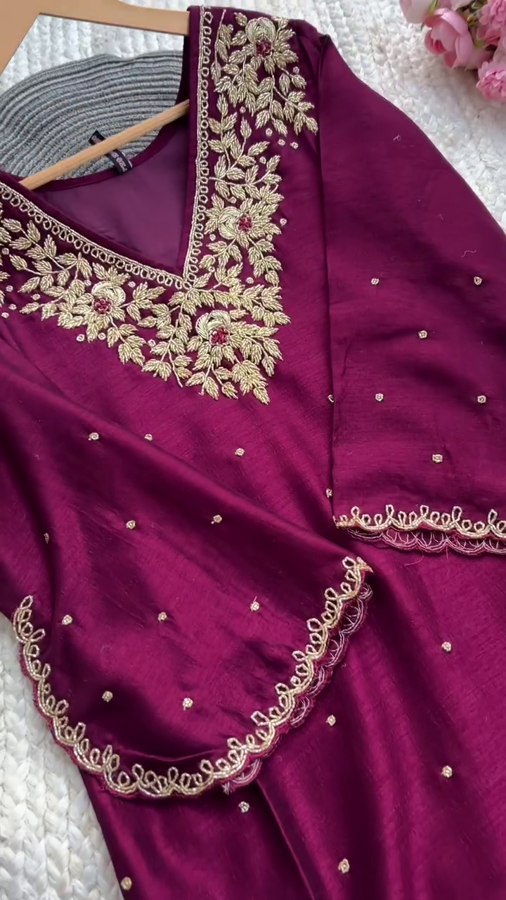 Maroon Silk Embroidered Salwar Suit Set with Intricate Zari Work, Designer Neckline and Banarasi Dupatta for Festive and Wedding Occasions - Image 4