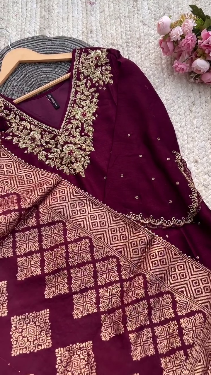 Maroon Silk Embroidered Salwar Suit Set with Intricate Zari Work, Designer Neckline and Banarasi Dupatta for Festive and Wedding Occasions - Image 3