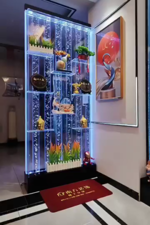 Luxury LED Bubble Water Panel Decorative Partition with Floating Shelves and Artistic Display Ornaments for Living Room or Reception Area Interior Enhancement