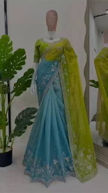 Blue and Green Net Saree with Heavy Embroidered Blouse and Contrast Dupatta for Festive and Wedding Wear - Image 3