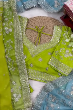 Blue and Green Net Saree with Heavy Embroidered Blouse and Contrast Dupatta for Festive and Wedding Wear