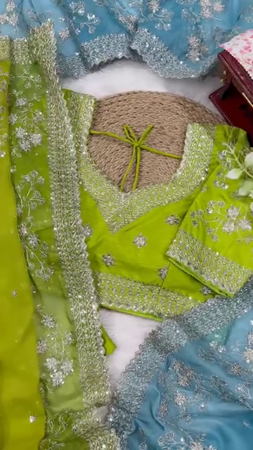 Blue and Green Net Saree with Heavy Embroidered Blouse and Contrast Dupatta for Festive and Wedding Wear