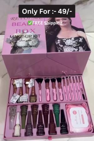 All-in-One Premium Professional Revolme Beauty Box Makeup Kit with Full-Size Brushes, Lipsticks, Eyeshadow, Highlighter, Nail Polishes, Serums, Compact, Blusher, Foundation and Skincare Essentials in an Elegant Multi-Layer Storage Case
