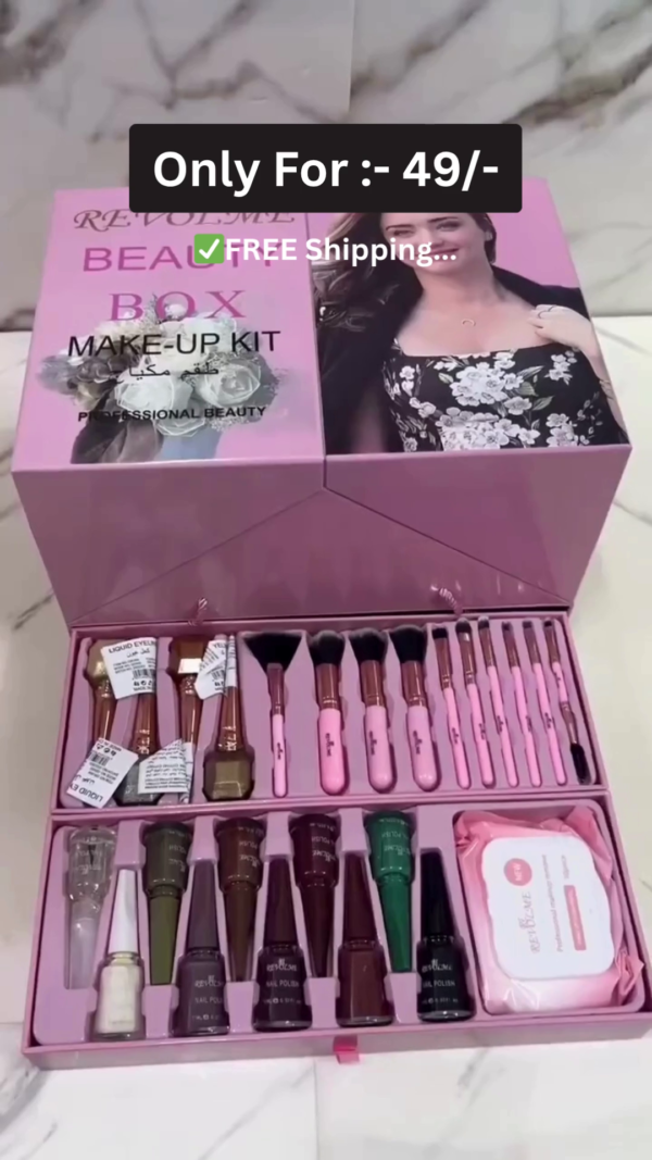 All-in-One Premium Professional Revolme Beauty Box Makeup Kit with Full-Size Brushes, Lipsticks, Eyeshadow, Highlighter, Nail Polishes, Serums, Compact, Blusher, Foundation and Skincare Essentials in an Elegant Multi-Layer Storage Case