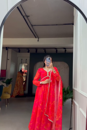 Multicolor Floral Anarkali Kurta Set with Dupatta in Georgette Fabric Featuring Gota Lace Detailing and Flowy Silhouette for Festive and Ethnic Wear