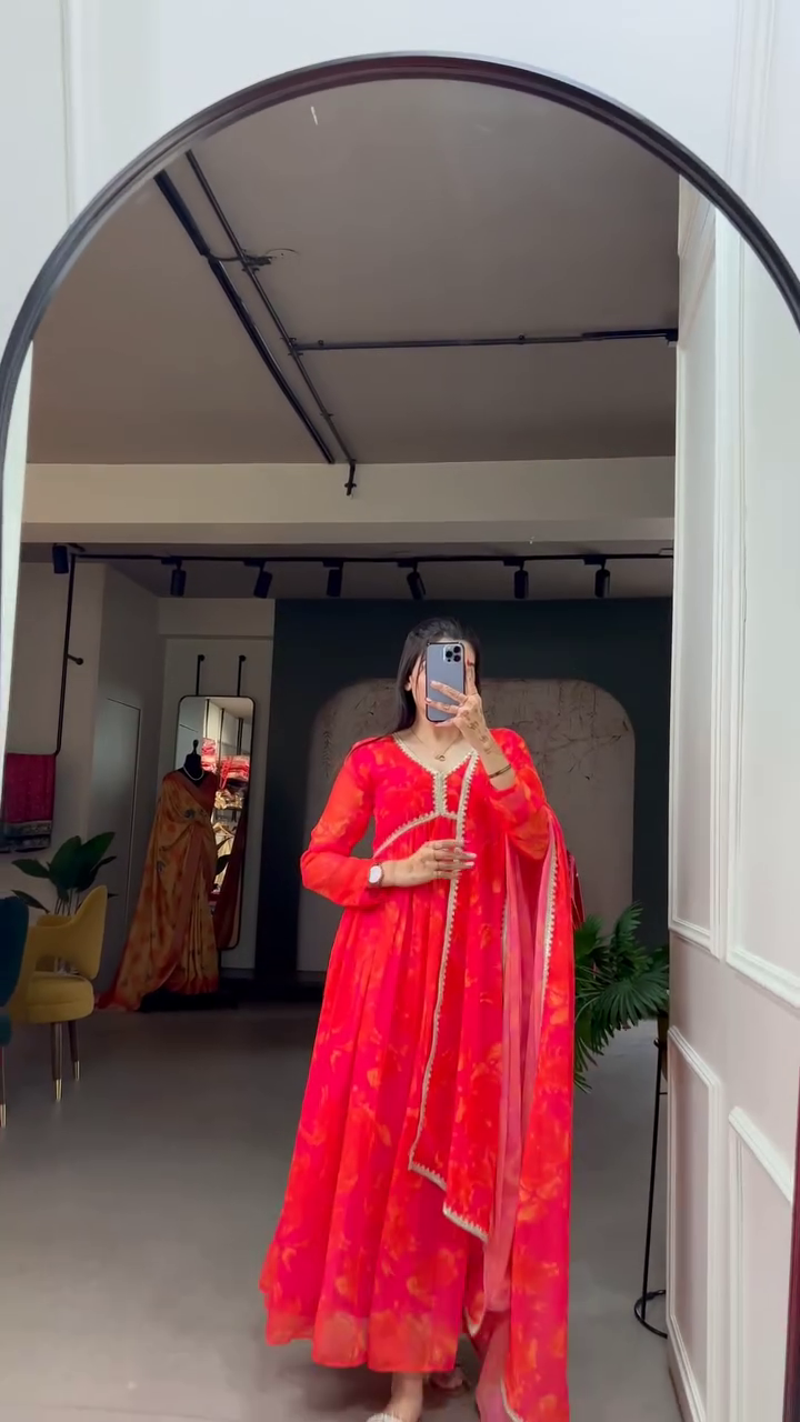 Multicolor Floral Anarkali Kurta Set with Dupatta in Georgette Fabric Featuring Gota Lace Detailing and Flowy Silhouette for Festive and Ethnic Wear