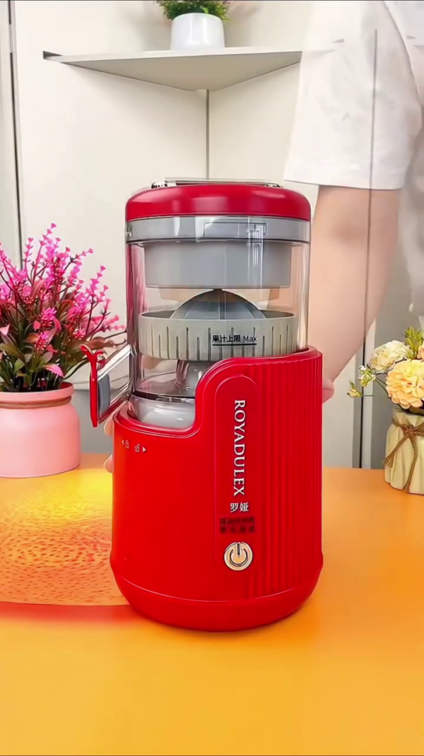 High-Efficiency Electric Citrus Juicer with One-Touch Operation, Anti-Drip Spout, and Transparent Container – Stylish Red Design with Removable Easy-to-Clean Parts for Fresh Juice Extraction