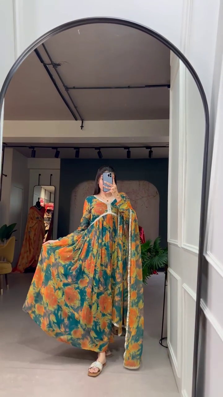 Multicolor Floral Anarkali Kurta Set with Dupatta in Georgette Fabric Featuring Gota Lace Detailing and Flowy Silhouette for Festive and Ethnic Wear - Image 2