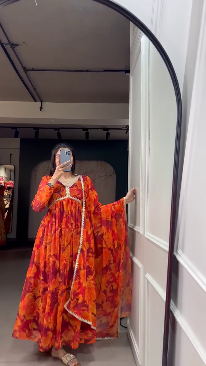 Multicolor Floral Anarkali Kurta Set with Dupatta in Georgette Fabric Featuring Gota Lace Detailing and Flowy Silhouette for Festive and Ethnic Wear - Image 3