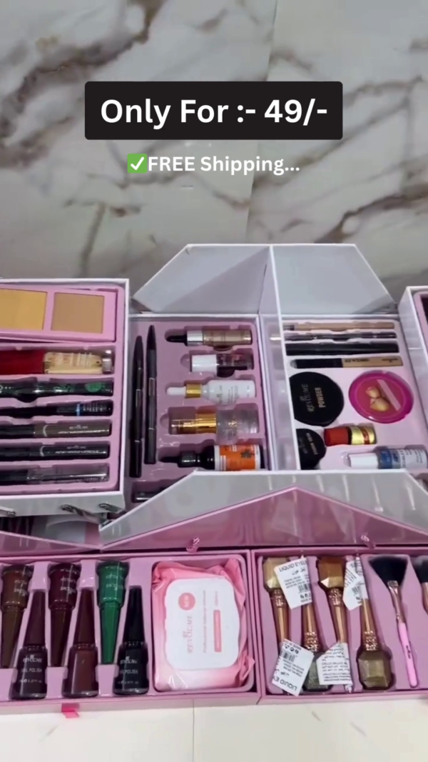 All-in-One Premium Professional Revolme Beauty Box Makeup Kit with Full-Size Brushes, Lipsticks, Eyeshadow, Highlighter, Nail Polishes, Serums, Compact, Blusher, Foundation and Skincare Essentials in an Elegant Multi-Layer Storage Case - Image 3